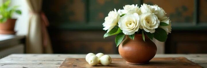 Delicate white blooms in rustic clay vase, elegant table setting, wedding, modern, arrangement