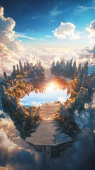 Futuristic cityscape reflections serene lake digital art urban environment aerial view imagination