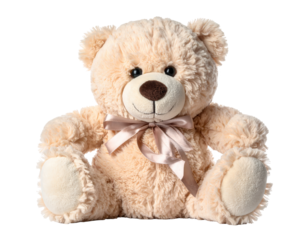 A cuddly stuffed bear with a charming, neutral color scheme and a delicate ribbon around its neck sits against a stark black background, displaying a friendly expression.