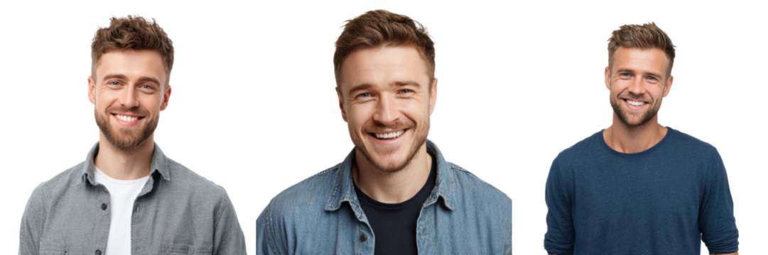 Happy young man smiling in studio portrait indoor bright lighting on transparent background