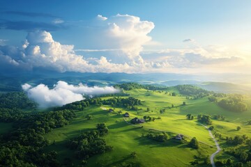 Naklejka premium Breathtaking sunrise over lush green hills rural landscape aerial view natural beauty tranquil environment