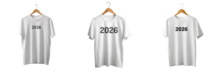 Promotional event for 2026 t-shirts studio setting product photography on transparent background