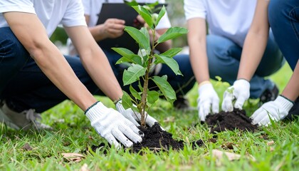Planting trees together as a group, symbolizing environmental kindness