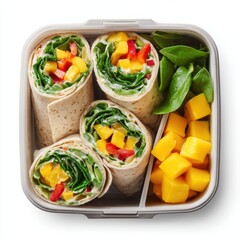 Colorful wraps filled with fresh vegetables and mango pieces, neatly arranged in a lunchbox, showcasing healthy meal prep and vibrant food presentation