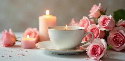 Elegant ivory china, blush roses, flickering candles , stem, party, romantic