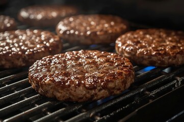 Five juicy burger patties are sizzling on a grill, showcasing a rich, browned exterior with grill marks in an outdoor cooking setting.