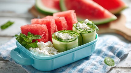 Fresh and vibrant food arrangement featuring cucumber rolls with cheese, juicy watermelon slices, and mint leaves on a rustic wooden table, perfect for healthy eating and summer vibes