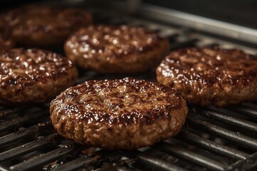 Five juicy burger patties are sizzling on a grill, showcasing a rich, browned exterior with grill marks in an outdoor cooking setting.