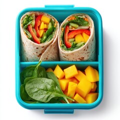 Colorful lunchbox containing two vegetable wraps filled with fresh greens, peppers, and mango pieces, showcasing healthy meal prep and vibrant food presentation