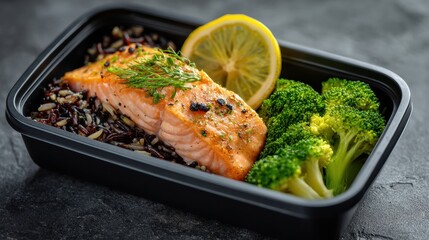 Grilled salmon fillet served with steamed broccoli and lemon slice on a bed of wild rice in a black meal prep container, showcasing healthy eating and meal preparation