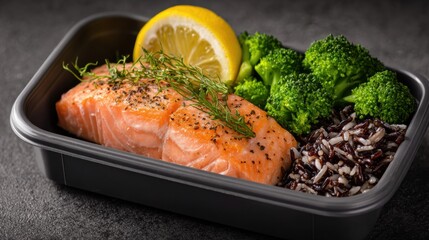 Freshly cooked salmon fillet served with steamed broccoli and black rice in a meal prep container, showcasing healthy eating and balanced nutrition for fitness enthusiasts