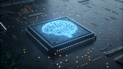Neon brain microchip on dark PCB