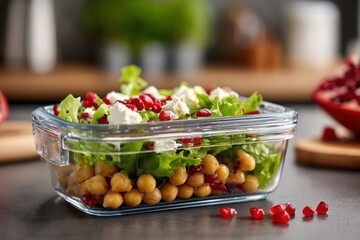 Fresh salad with chickpeas, pomegranate seeds, and feta cheese in a glass container, surrounded by vibrant ingredients, showcasing healthy meal preparation and colorful presentation
