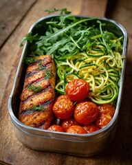 Grilled salmon fillet served with fresh arugula, spiralized zucchini noodles, and roasted cherry tomatoes in a stainless steel lunchbox, showcasing healthy meal preparation and vibrant colors