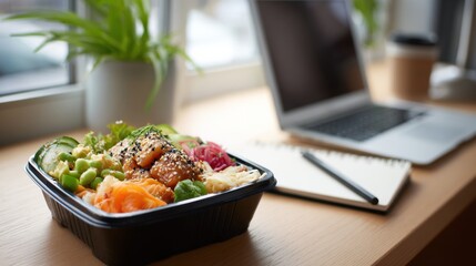 Colorful sushi bowl with salmon, avocado, and vegetables placed on a wooden table beside a laptop and notepad, creating a vibrant workspace atmosphere for healthy eating