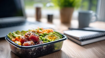 Colorful bowl of fresh sushi salad with avocado, vegetables, and sesame seeds on wooden table, accompanied by laptop and notebook, creating a vibrant workspace atmosphere