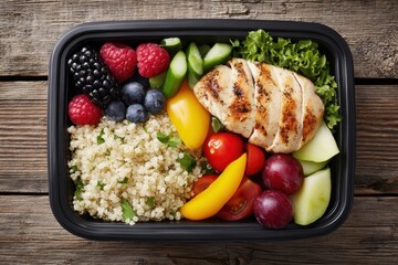 Grilled chicken breast served with fresh vegetables, quinoa, and assorted berries in a black container, showcasing healthy meal prep and vibrant food presentation