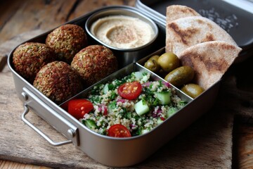 Colorful vegetarian meal featuring falafel balls, fresh salad with tomatoes and cucumbers, hummus, pita bread, and olives in a stylish lunchbox, showcasing healthy eating and vibrant flavors