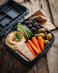 Healthy lunch box filled with hummus, fresh vegetables, olives, and pita bread, arranged neatly in a black container on a rustic wooden table, showcasing nutritious meal preparation