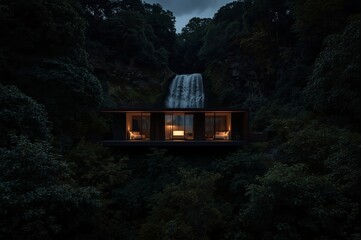 A modern house with large glass windows is illuminated at dusk, nestled amidst lush trees and perched above a waterfall cascading down rocky cliffs.