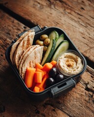 Healthy snack box featuring pita bread, fresh vegetables, olives, and hummus, arranged beautifully on rustic wooden table, showcasing vibrant colors and nutritious options