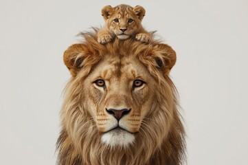A majestic adult lion with a thick mane gazes forward, while a playful lion cub sits adorably on its head, both set against a plain background.