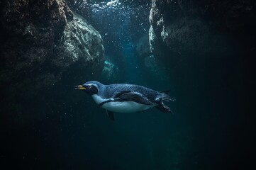 A penguin gracefully swims underwater between large rocks, with sunlight filtering through the water, creating a serene and captivating atmosphere.
