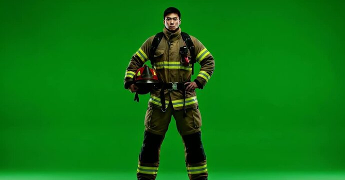 Firefighter in uniform standing against a green screen.