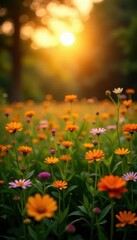 Fototapeta premium Golden hour light bathes vibrant wildflowers in a lush meadow , bright, sky, golden hour