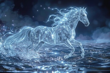 A luminous, ethereal horse gallops across a shimmering water surface, its mane flowing gracefully and body sparkling with light, creating a magical and otherworldly scene.