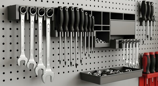 Organized Workshop Tools on a Pegboard Wall.