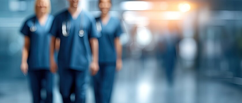Healthcare professionals walking through a hospital corridor during their shift in a busy medical facility