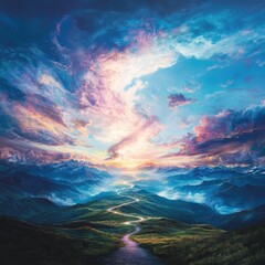 Naklejka premium Scenic drive through majestic mountains serene landscape nature photography peaceful environment wide angle view