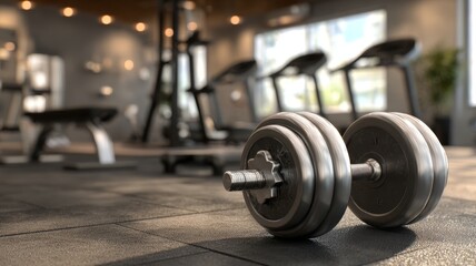 Fototapeta premium 3d rendering of dumbbells on gym floor in modern fitness room with workout equipment in the background for strength training and health wellness concept