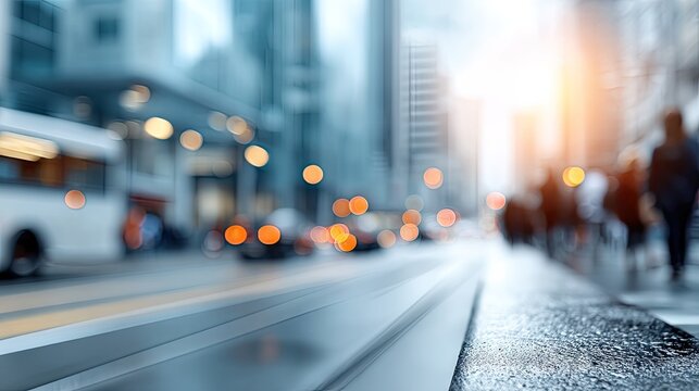 City street scene during sunset with blurred pedestrians and vehicles, showcasing urban life and the hustle of daily activities