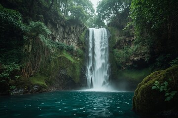 Fototapeta premium A picturesque waterfall cascades into a serene turquoise pool, surrounded by lush green foliage and moss-covered rocks in a tranquil forest setting.
