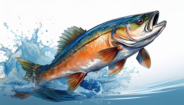 jumping fish with water splash n isolated on white background for fishing and nature design