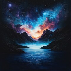 Naklejka premium Majestic cosmic horizon serene lake digital artwork enchanted landscape wide angle celestial beauty