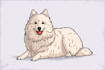Hand drawn dog breed Samoyed laying down gracefully, showcasing fluffy white fur, expressive eyes, fluffy tail curled to the side, and fine detailed features