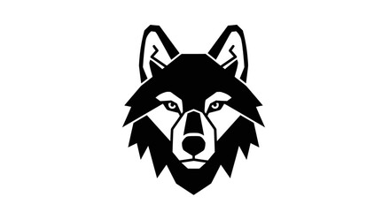 Geometric wolf head illustration in black and white, a design emphasizing simplicity and sharp