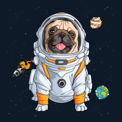 Hand drawn dog breed pug in astronaut spacesuit floating in space with planets around, cute puppy astronaut in outer space © asgraphics13