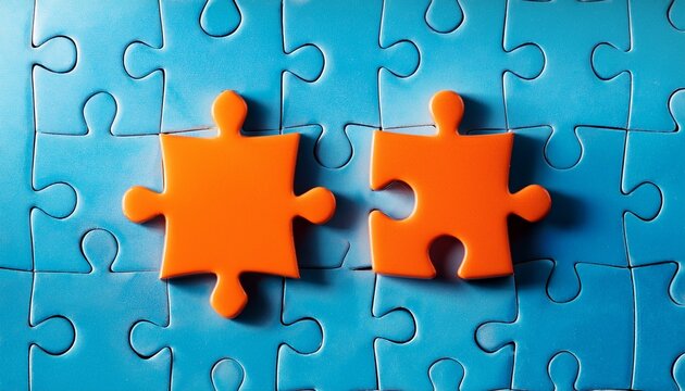 two orange puzzle pieces fit together on a blue background of other puzzle pieces