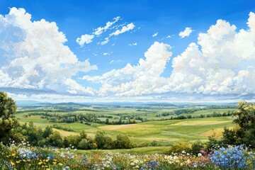 Obraz premium Breathtaking landscape view of lush fields and vibrant clouds scenic nature open sky tranquil environment wide angle