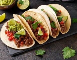 delicious tacos with ground beef guacamole cilantro and lime wedges