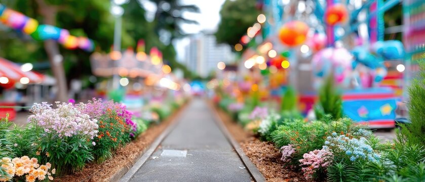 Bright festival scene with colorful decorations and blooming flowers on a pathway lined with stalls and lights during a cheerful event in the city