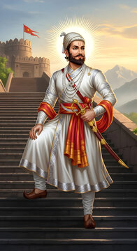 Chhatrapati Shivaji Maharaj in Royal Attire at a Mountain Fort