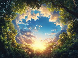 Sunrise over lush forest nature landscape photography tranquil environment vibrant colors scenic view