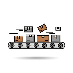 Naklejka premium Cartoon Style Conveyor Belt with Moving Boxes in Flat Design