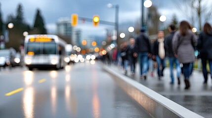 Fototapeta premium Crowded city street during cloudy evening with pedestrians walking and bus traveling along the road
