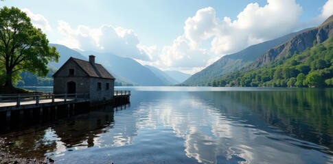 Fototapeta premium Historic landing stage at Derwentwater, Cumbria , rustic, dock, antique